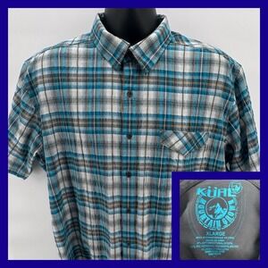 Kuhl Mens Plaid Short Sleeve Snap Up Shirt Teal Brown Khaki XL‎